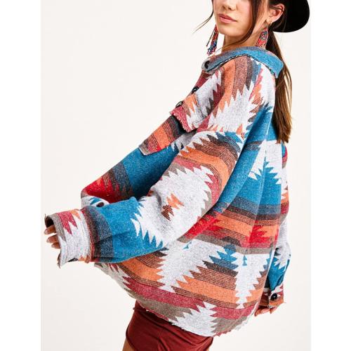 happlan Aztec Denim Jacket For Women Lapel Button Down Print Shirt Coat Shacket size large