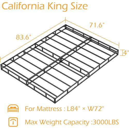 Cal King Box Spring 4 Inch Low Profile, Heavy Duty Metal Box Spring Bed Base with Fabric Cover, Mattress Foundation, Easy Assembly, Noise Free, Black