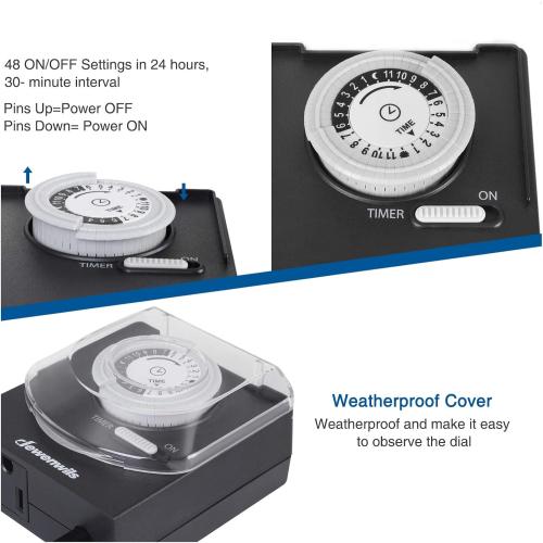 DEWENWILS 24-Hour Mechanical Light Timer with 2ft Long Cord, Waterproof Electrical Timer with Grounded Outlet, Plug in Timer Switch for Christmas Lights, 15A, 1/2 HP, UL Listed