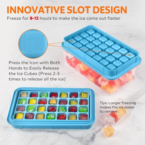 Longzon Ice Cube Tray with Lid and Bin, 56 Pcs Ice Cube Trays for Freezer, Ice Cube Mold, Ice Molds Spill-Resistant Removable Lid & Ice Scoop, Ice Mold for Whiskey Cocktail, Tea, Coffee -Blue