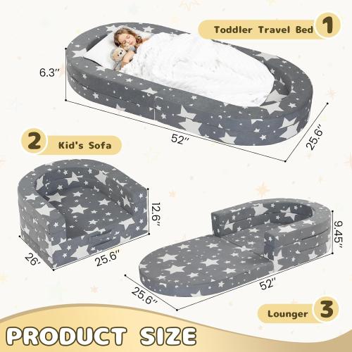 Color Grey and stars Travel Toddler Bed, 3-in-1 Portable Foldable Toddler Chair,Soft Foam Floor Bed Lounger with Washable Cover,Star