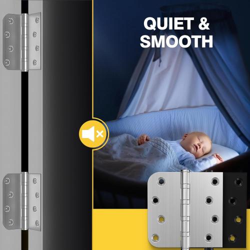 KOLET Ball Bearing Door Hinges, 4 x 4 Inches Door Hinges, Square and 5/8'' Radius Corner, Heavy Duty Stainless Steel Hinges, Smooth and Quiet, Non Removable Pin, Brushed Nickel, 3 Pack