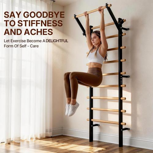 GMWD Swedish Ladder, Stall Bar, Suspension Trainer with Pull-Up Bar and Dip Bar Attachments, Wooden Stall Bar with 9 Strategic Rods for Core Strengthening and Stretching Balanced for Body Exercises