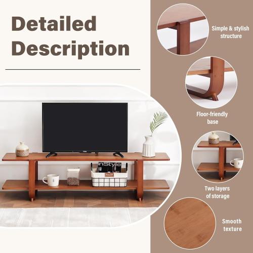 Welnow Low Bamboo TV Stand for 65 Inch TV, 2-Tier Open Shelves, Walnut | Modern Entertainment Center,Open Shelf for Gaming Consoles and Soundbar,Media Console Table for Living Room, Bedroom
