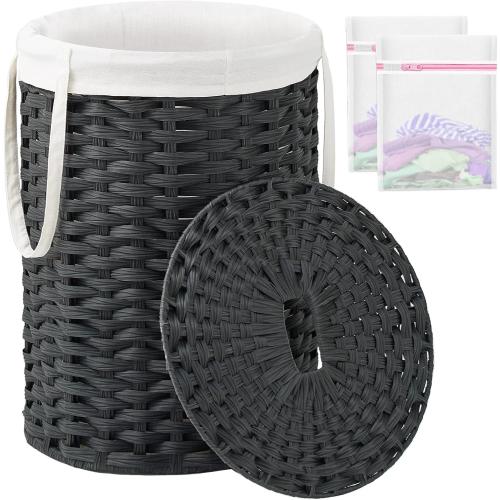 SETVSON Laundry Hamper with Lid Laundry Basket with Lid 19.0 Gal (72 L) Round Wicker Laundry Basket Handwoven Rattan Basket with Lid Removable Bag 2 Mesh Bags Handles for Living Room Bathroom Black