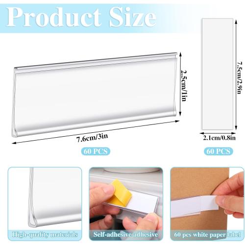 60 Pcs Shelf Labels - 3 x 1 Inch Drawer Labels with 60 Pcs White Paper Tags, Plastic Holders, Clear Adhesive for Storage, Bookshelf, Mailbox