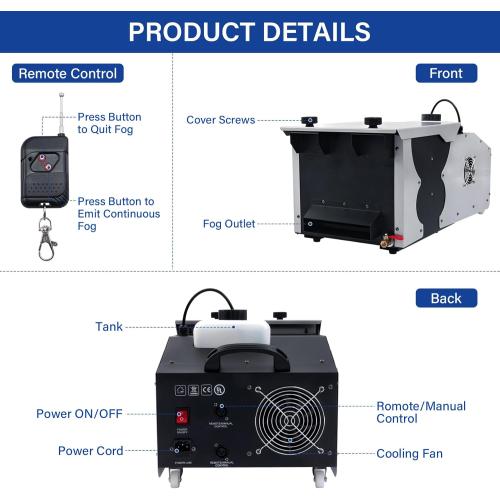 Fog Machine Low Lying, 1500W Smoke Machine Stage Fog Maker Fogger 18000CFM with Remote & Wired control for Halloween Wedding Party Stage Effect