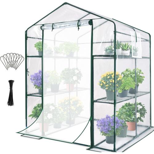 Quictent Greenhouse for Outdoors, Mini Walk-in Portable Flower Garden Plant Kit Outside, Heavy Duty 3 Tiers 8 Shelves Steel Frame & Durable Cover W/ Screen Door & Window, 4.7x4.7x6.4 FT, Clear