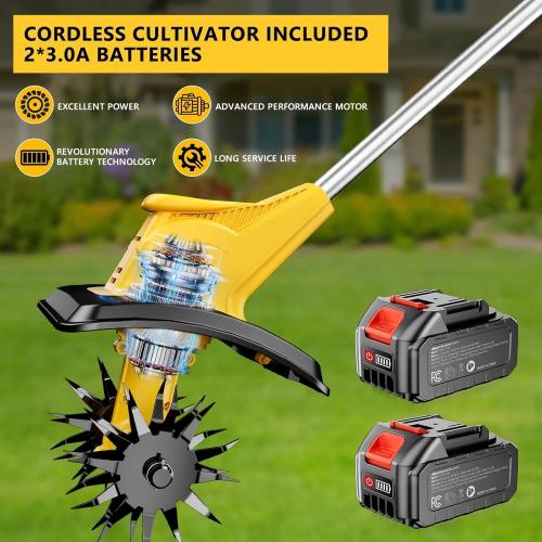 21V Cordless Tiller Cultivator, 360 Max RPM Cordless Electric Garden Tiller with 2 * 3.0 Ah Battery & Fast Charger, 9.06 Tilling Width, 6.3 Depth, Portable Rotary Tiller for Lawn Soil Cultivation