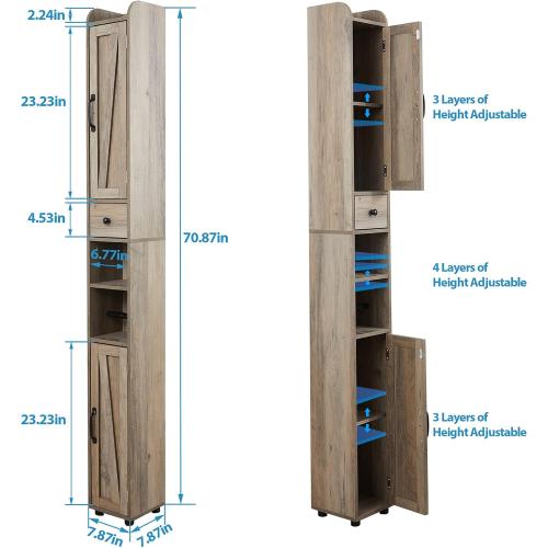 Bathroom Storage Cabinet with Adjustable Shelf, Tall Narrow Cabinet with Retractable Toilet Paper Rod and 8 Storage Compartments, Brown Gray