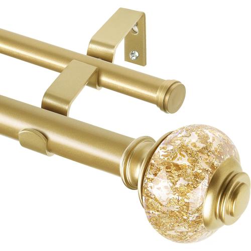 1 Inch Gold Double Curtain Rods 72 to 144 Inches (6 to 12 ft), USFOOK Drapery Rods for Windows, Telescoping Dual Curtain Rod with Luxury Translucent Finials