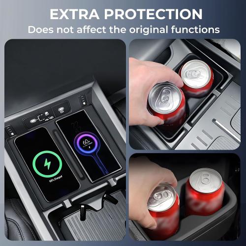 1st & 2nd Row Cup Holder Insert & Wireless Charging Protective Mat for Hyundai Santa Fe 2026 2025 2024, Center Console Interior Accessories Cup Holder & Wireless Charger Cover Pad, Black
