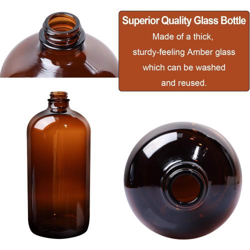 4 Pack 32 oz Amber Boston Round Glass Bottles with Black Caps for Secondary Kombucha Fermentation and Lab Chemicals (1 Funnel and 10 Pieces Black Chalkboard Labels Included)
