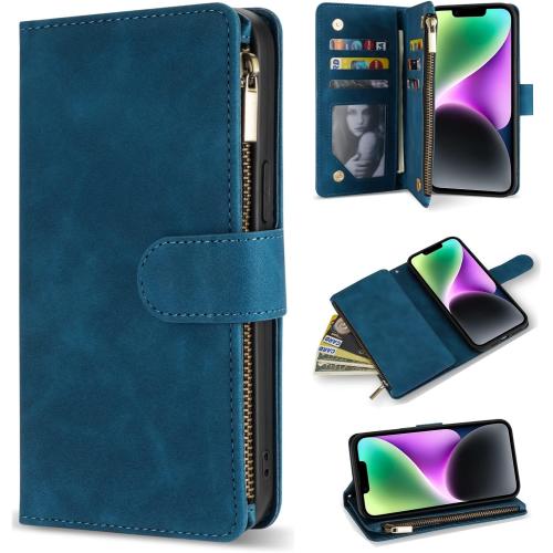 ZZXX for iPhone 14 Case Wallet with [RFID Blocking] Card Slot Premium Soft PU Leather Zipper Flip Folio with Wrist Strap Kickstand Protective Phone Cover for iPhone 14 Wallet Case(Blue-6.1 inch)