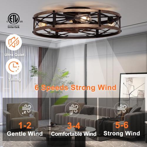 24 Farmhouse Flush Mount Ceiling Fans with Lights, Caged Low Profile Enclosed Ceiling Fans with Lights and Remote, Rustic Large Bladeless Ceiling Fan with Light for Bedroom, Kitchen - ETL
