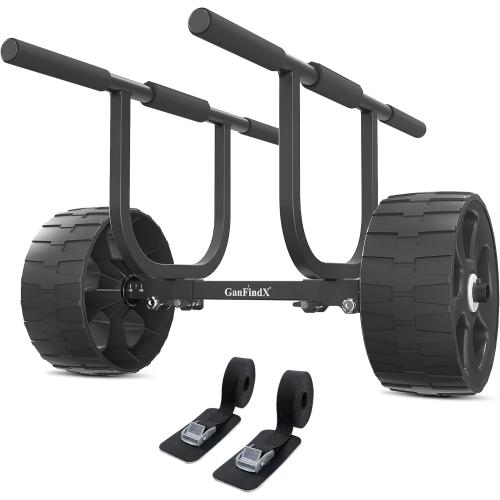 Color Black GanFindX Heavy-Duty Aluminum Kayak Cart Solid Airless Wheels,  Easy Detachable Assembly & Adjustable Width Kayak Dolly, Suitable for Kayak and Canoe