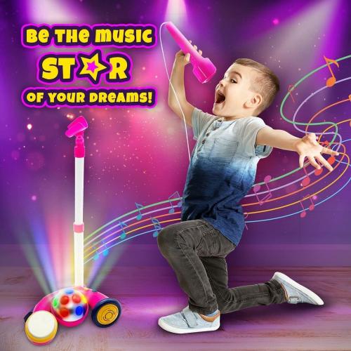 Karaoke Machine with Stand, Sing Along Microphone for Kids, Musical Toy with Flashing Stage Lights and Pedals for Fun Sound Effects, Pink