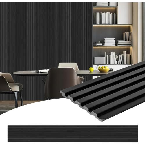 8-Pack 3D Slat Wall Panels — Soundproof Faux Wood Wall Panels for Interior Décor, 48.2 x 6.3, Modern Wall Cladding for Living Room, Bedroom, Office — Black Finish