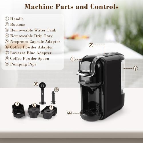 Espresso Maker for Nespresso Capsule, Lavazza Blue Capsule & Coffee Powder, 19 Bar Pump Pressure Makes Authentic Espresso Coffee, Mini Espresso Coffee Machines with Removable Water Tank.