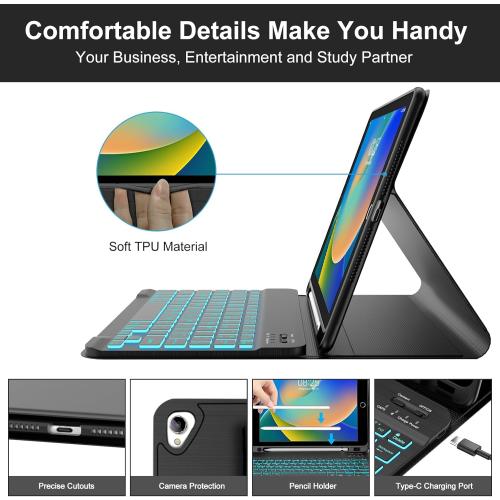 BORIYUAN iPad 10.2 inch Case with Keyboard, Detachable Bluetooth Keyboard with 7 Color Backlit, Slim Folio Smart Cover with Pencil Holder for iPad 9th/8th/7th Gen/iPad Pro 10.5/iPad Air 3rd Gen Black