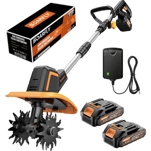 SOARFLY Upgraded Cordless Tiller for Gardening with Dual 2.0Ah Batteries, 48 Steel Tines Battery Rototiller, 9 Width 6.6 Depth Garden Tiller Cultivator for Soil, Tending & Composting (Orange)