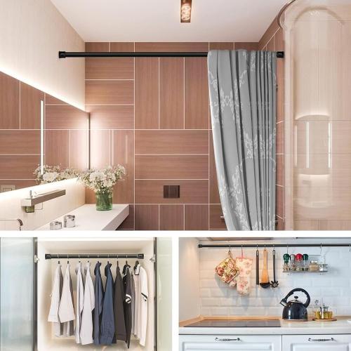 No Sectional Assembly Shower Curtain Rod 56-104 Inch, 1 Diameter Spring Long Adjustable Tension Curtain Rods for Bathroom Windows Closet No Drilling No Rust, Black