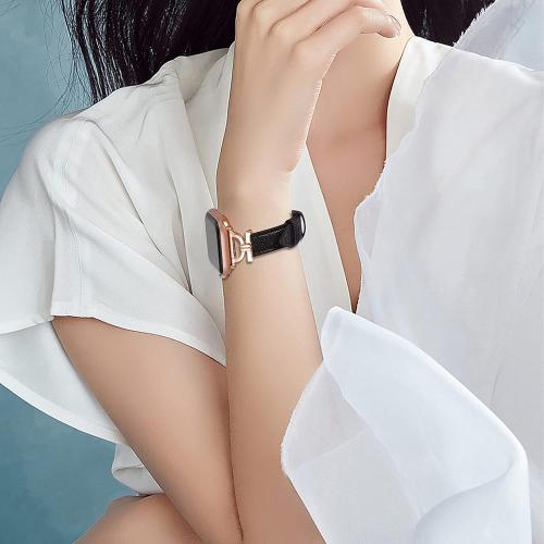 Genuine Leather Band Compatible with Apple Watch Women 38mm 40mm 41mm 42mm(2024 series 10), Designer Slim Leather Strap with D-Shape Gold Metal Buckle for iWatch Series 10 9 8 SE 7 6 5 4 3 2 1, Black