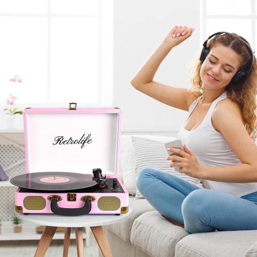 Vinyl Record Player 3-Speed Bluetooth Suitcase Portable Belt-Driven Record Player with Built-in Speakers RCA Line Out AUX in Headphone Jack Vintage Turntable Pink