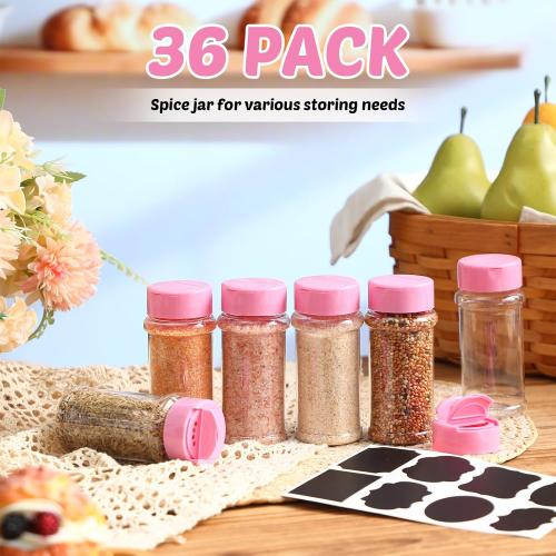 Eccliy 36 Pack 3 oz Clear Plastic Spice Jars with Shaker Lids,Pink | Empty Seasoning Containers and Labels, Dual Shaker Pour Lids, Ideal for Storing Herbs Pepper Powder Spices Condiment