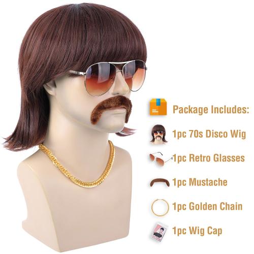 morvally 5pcs Set 70s 80s Disco Wig with Mustache Glasses and Chain | Short Brown Mens Mullet Wig for 60s Singer Rocker Hippies Costume Cosplay Halloween Party