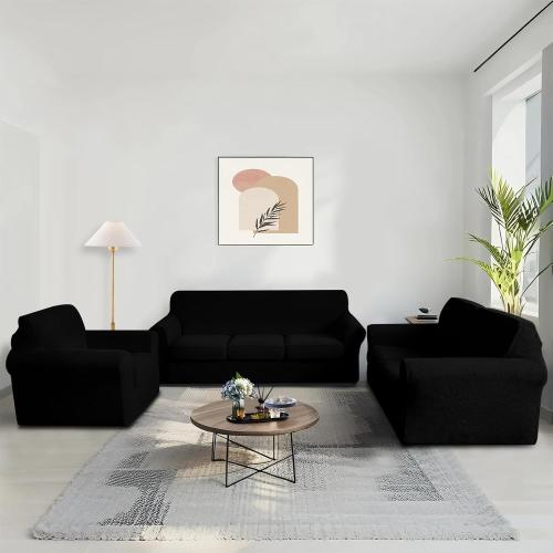 4 Pieces Stretch Couch Cover for 3 Cushion Furniture Protector Sofa Covers Washable Pet Dog Friendly Non Slip Cover with Elastic Bottom(72-92 Sofa 3 Cushion/Black)