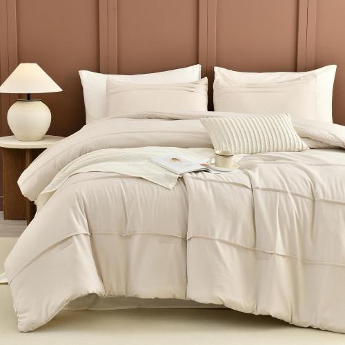 CozyTide Queen Comforter Set(90x95),Cotton Pinch Pleated Bedding Set,3 Pieces Soft Lightweight Farmhouse Bedding Comforter Set（1 Wheat Comforter and 2 Pillowcases）