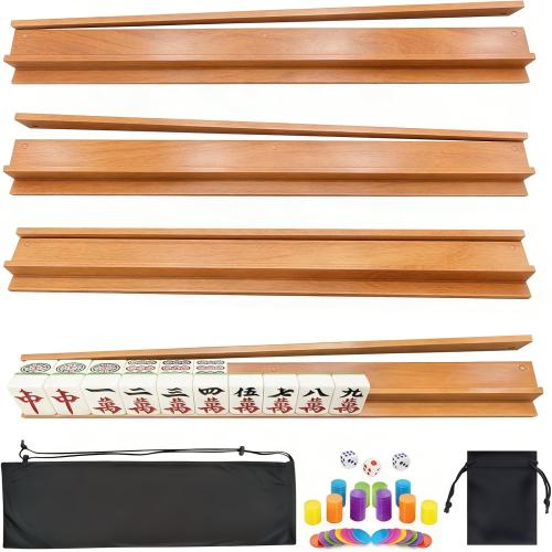 4 PCS Mahjong Racks with Pushers, Wood color Wooden Mahjong Racks with Detachable Magnetic Pushers, Mahjong Tile Pushers and Racks, Includes Chips, Dice & Storage Bags, Mahjong Accessories(19.68 Inch)