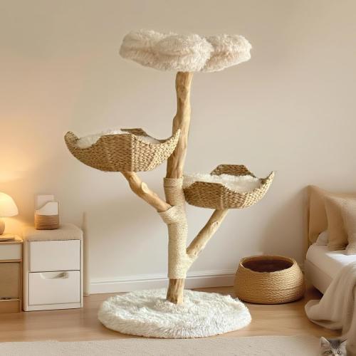 Size 45 Modern Cat Tree Tower, 45” Wooden Cat Tree for Indoor Cats Large Adult, Real Solid Luxury Cat Condo with Scratching Post for Multi-Cat Households