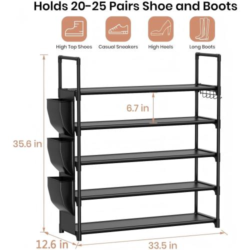 VILICK 5 Tier Shoe Rack with Hook and Side Pocket,Shoe Organizer Space Saver Storage for 20-25 Pair Shoe Storage Shelf Sturdy Free Standing Long Shoe Rack Organizer for Closet,Entryway,Small Spaces