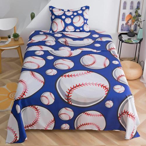 ADASMILE A & S Baseball Sheets Medium for Boys Kids Sports Sheet for Teens Baseball Bedding Set 3D Blue Ball Game Printed Bed Sheet with Pillowcase Soft Microfiber All Season Room Decor