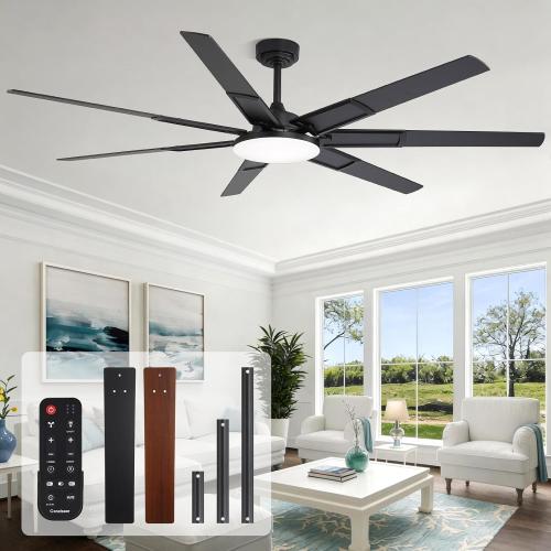 72 Inch Ceiling Fans with Lights and Remote, Living Room Office Library Cafe Industrial, Indoor/Outdoor Use, 5CCT Dimmable, Dual Color 7 Blades, 6 Speed Reversible Quiet DC Motor, Black/Wood Grain