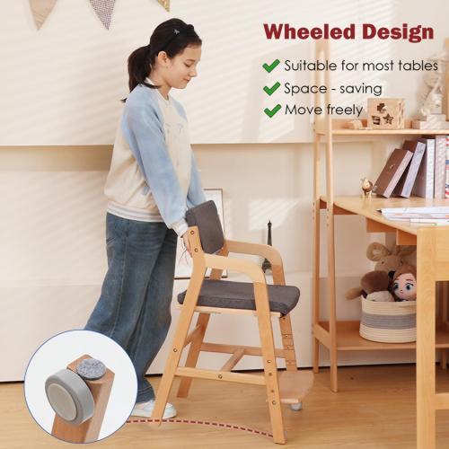 Swegrow Wooden High Chair with 2 Wheels, Adjustable Seat - Backrest - Footrest Heights, Wooden High Chair for Toddlers - Kids and Baby, Kids Dining Chair with Removable Cushion(Gray)