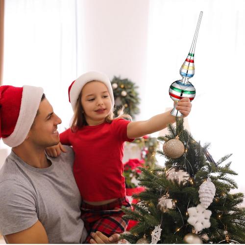 Gejoy Mercury Glass Christmas Finials Tree Topper Vintage Mid Century Colorful Ornaments Retro Spherical Blown Glass Xmas Tree Topper Finials Holiday Indoor Suitable for Party Decoration, 9.8inches