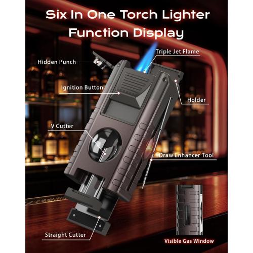 6-in-1 Torch Lighter with Triple Flame, Built-in V & Straight Tool, Punch, Holder, Draw Enhancer, Windproof & Refillable Butane Torch Lighters, Cool Lighters with Gift Box for Men, Candle, Outdoors