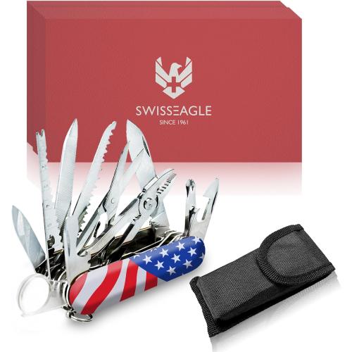 Swiss Eagle 30-in-1 Classic Pocket Knife, Premium Multi Tool Pocket Knife with Large Blade, Scissor, Screwdriver, Magnifying Glass, Tweezer for Gifts - American Flag
