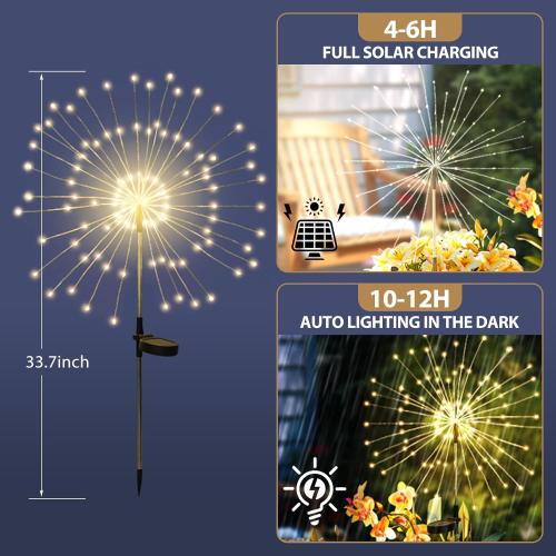 Outdoor Solar Garden Lights, 120 LEDs 8 Lighting Modes 6 Packs Waterproof Solar Fireworks Light Sparklers for Patio Walkway Yard Courtyards Pathway Christmas Party Decorations