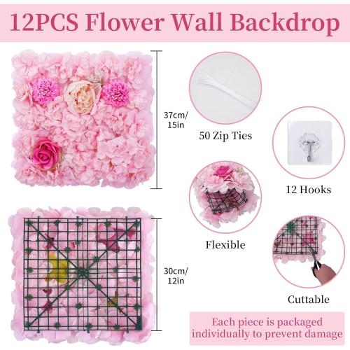 Zythrem Pink Flower Panels 12-Pack Rose Flower Wall Backdrop 15×15 Inch Artificial Silk Flower Panels 3D Pink Floal Backdrop for Wedding Birthday Party Home Event Photography Background