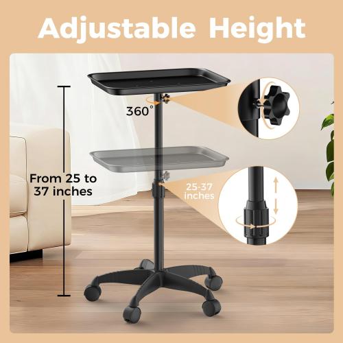 37 Black Salon Tray on Wheels, Adjustable Rolling Cart for Spa