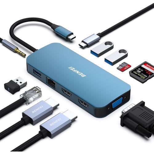 BENFEI 11-in-1 USB C Hub Triple Display Docking Station Dual HDMI, VGA, 3*USB 3.0, 1Gbps Ethernet, 100W Power Delivery, SD/TF Card Reader, 3.5mm AUX Audio Compatible with MacBook XPS Surface