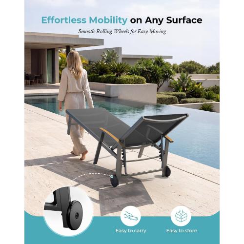 Ciokea Outdoor Lounge Chair with Pillow, 5-Position Aluminum Chaise Lounge with Wheels & Armrests, 400 lbs Heavy Duty Patio Pool Chair for Deck, Backyard, Beach & Poolside, Grey