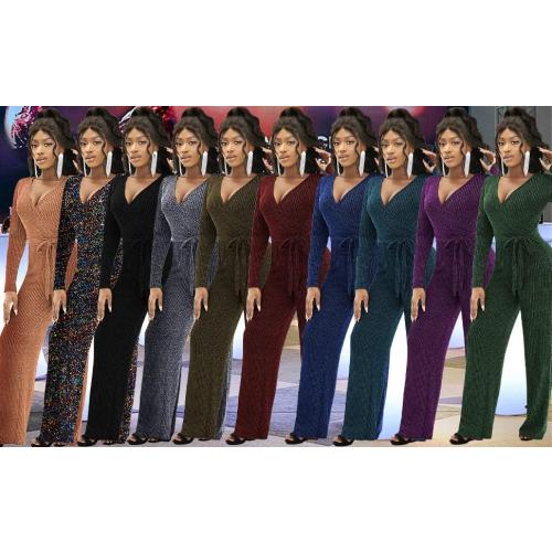 Size L LightlyKiss Women's casual sexy V-neck sparkling jumpsuit long sleeve loose jumpsuits Fashion Club party Rompers with belt