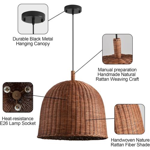 3-Light Dark Curry Rattan Pendant Light,17.7 Rustic Hanging Light,Brown Wicker Pendant Light Hand-Woven Rattan Chandelier for Workplace Restaurants Dining Living Kitchen Farmhouse