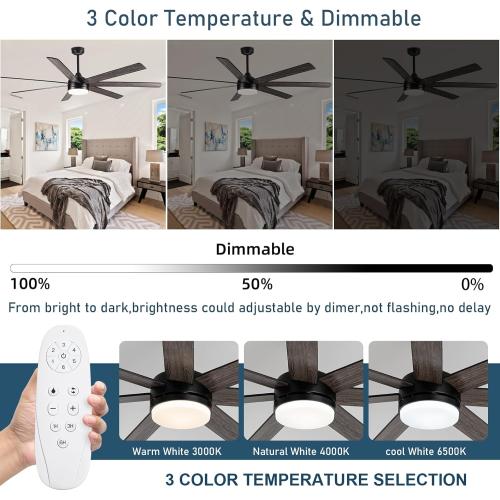 72 Inch Ceiling Fans with Lights and Remote,Large Ceiling Fan with 7 Blades,Reversible, Dimmable,Indoor and Outdoor Ceiling Fan with 12 and 18 Downrods for Bedroom, Living Room, Patio