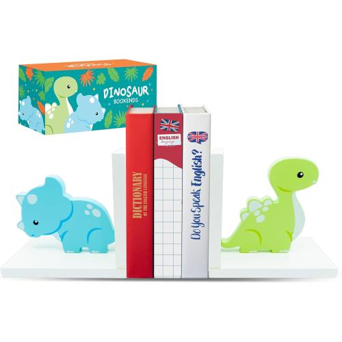 Decorably Dinosaur Book Ends for Shelves - 1 Set Non-Skid Wooden Dinosaur Book Holder, Kids Bookends for Shelves, Baby's Nursery, Classroom